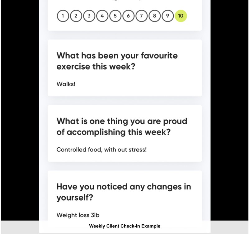 A weekly check-in where the client reports a 3lb weight loss
