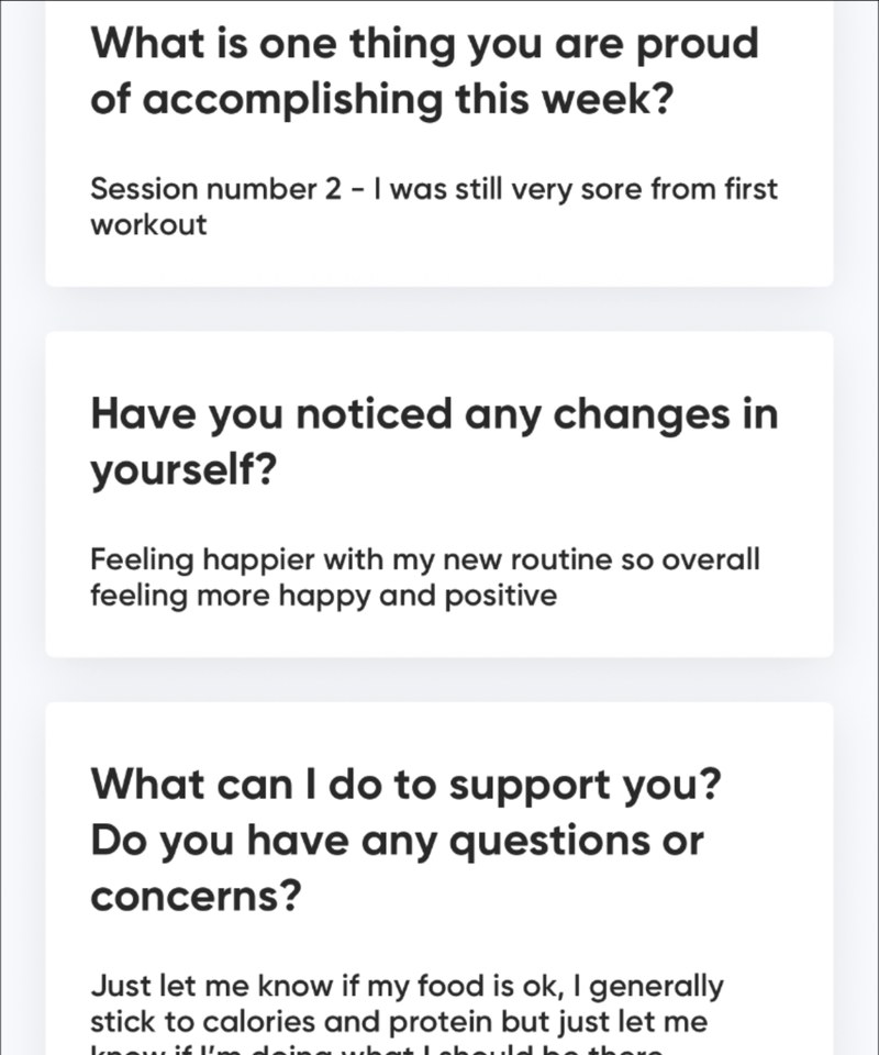 A check-in where the client reports feeling happier with their new routine