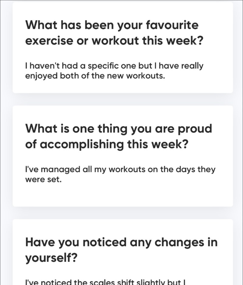 A check-in where the client reports managing all their workouts
