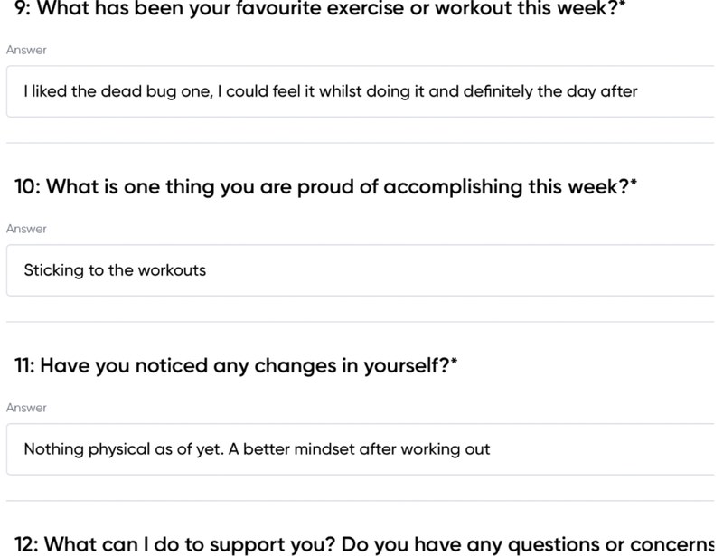 A check-in where the client reports sticking to the workouts